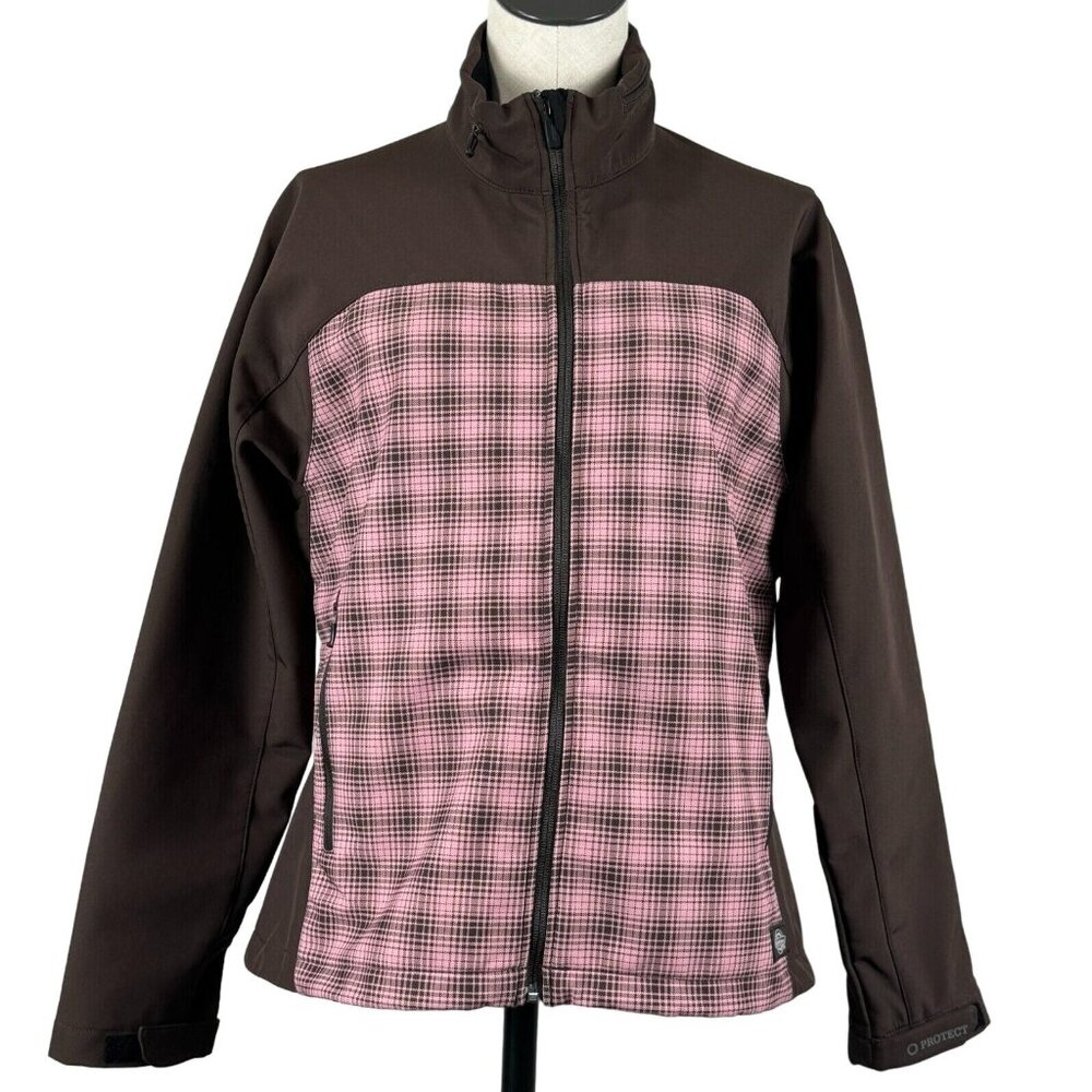 Dickies Full Zip Jacket Womens Size L Brown Pink Plaid Lined Long Sleeve Pockets